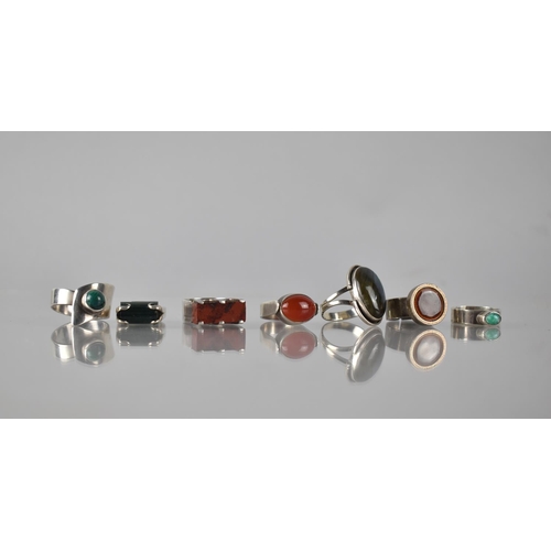 314 - A Collection of Seven Jewelled Silver and White Metal Rings, Various Styles, Mainly Modernist, to in... 