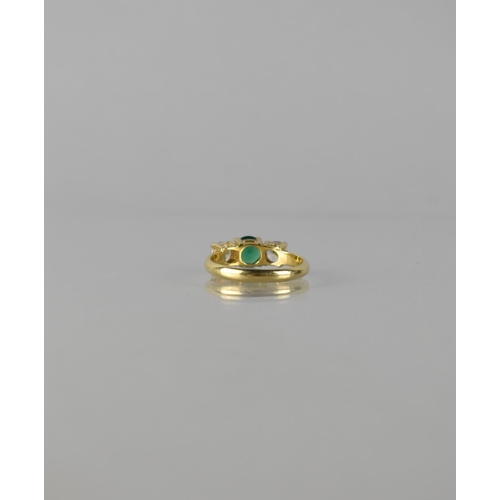 90 - A Gold Coloured Metal and Three Stone Ring, Central Round Brilliant Cut Green CZ Stone Approx 6mm Di... 