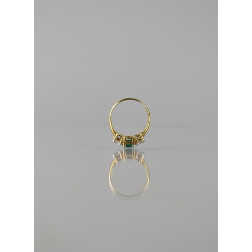 90 - A Gold Coloured Metal and Three Stone Ring, Central Round Brilliant Cut Green CZ Stone Approx 6mm Di... 