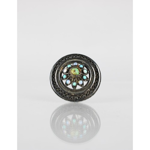 192 - A Circular White Metal, Turquoise and Opal Brooch, Petit Point in Style, Central Green Turquoise Cab... 