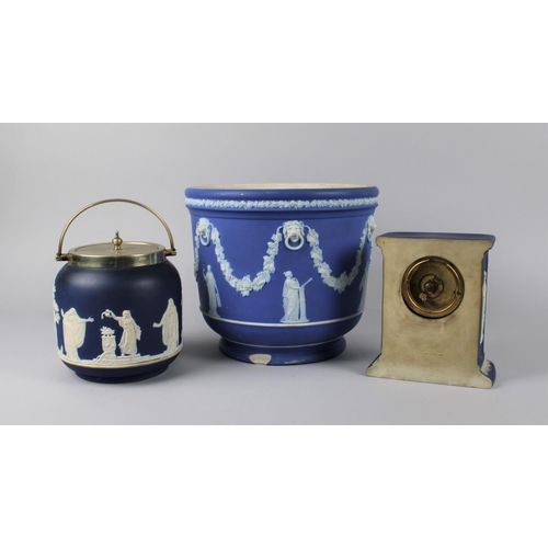 122 - A Collection of Wedgwood and Other Blue and White Jasperware to include Large Planter, Biscuit Barre... 