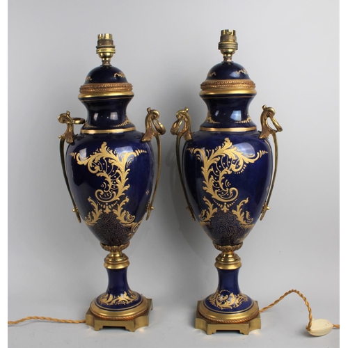 175 - A Pair of French Cobalt Blue and Gilt Table Lamps in the Form of Two Handled Vases with Hand Painted... 