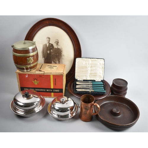 240 - A Collection of Various Treen and Silver Plate Items, Casserole with Stand, Biscuit Barrel etc