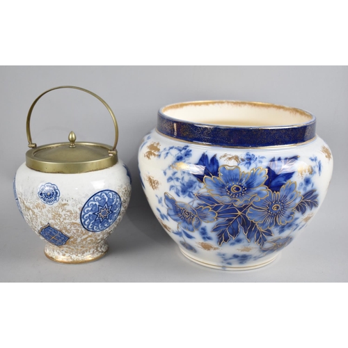 254 - A Haddon Pattern Blue White and Gilt Planter, together with a Similar Osaka Pattern Biscuit Barrel