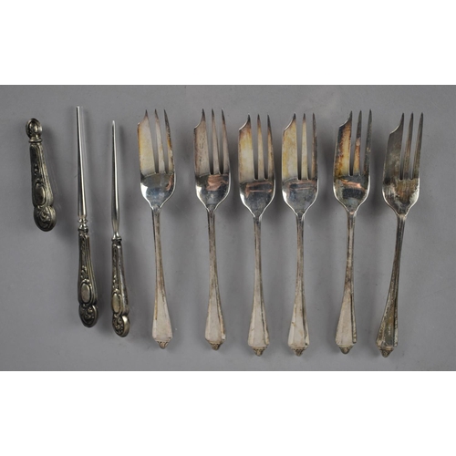 262 - Six Silver Cake Forks together with a Small Collection of Continental Silver Handled Manicure Tools