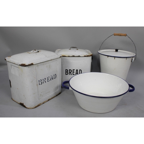 300 - A Collection of Four White Enamelled Metal Items, Tow Bread Bins, Bucket and Large Two Handled Bowl,... 