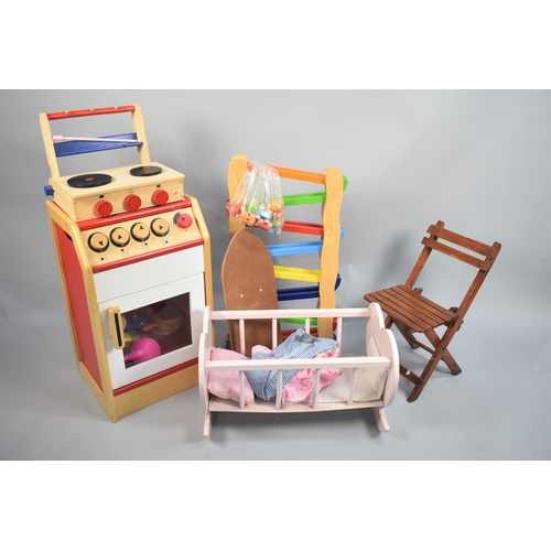 302 - A Collection of Wooden Childrens Toys to include Dolls Crib, Cooker, Ironing Board Etc