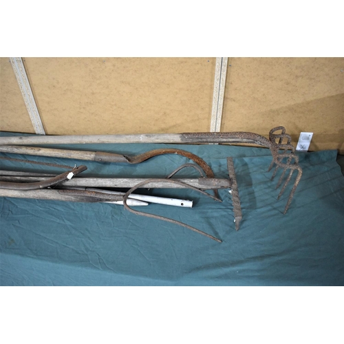 313 - A Collection of Wooden Handled Garden/Farming Hand Implements, Rakes, Saw, Scythe Etc