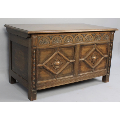 333 - A Mid 20th Century Oak Lift Top Coffer Chest with Carved Top Rail and Carved and Moulded Two Panel F... 