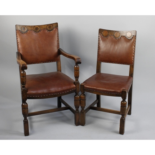 353 - A Set of Six Mid 20th Century Oak Framed Hide Upholstered Dining Chairs to include One Carver