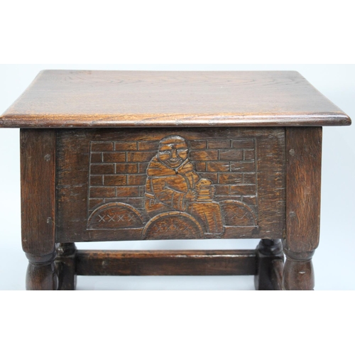 47 - A Mid/Late 20th Century Oak Sewing Box of Stool Form with Hinged Lid, Front and Rear Panels Carved w... 