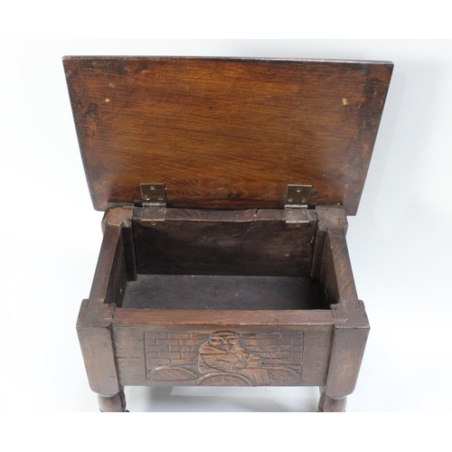 47 - A Mid/Late 20th Century Oak Sewing Box of Stool Form with Hinged Lid, Front and Rear Panels Carved w... 