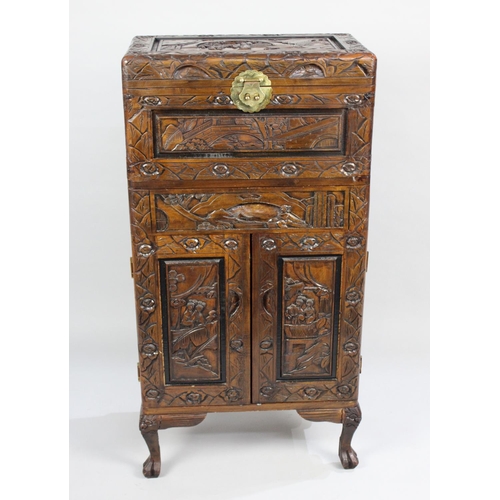 52 - A Mid 20th Century Carved Oriental Box on Stand with Hinged Lid, Centre Long Drawer and Base Cupboar... 