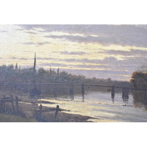 112 - A Gilt Framed 19th Century Oil on Canvas Depicting River Bridge at Sunset, 62x37cm