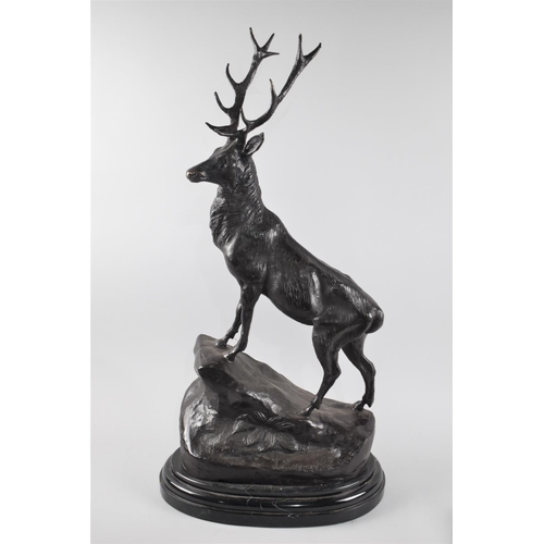 115 - A Large Heavy Patinated Bronze Study of Stag on Rock Facing Left After J Moignier, Oval Stepped Marb... 