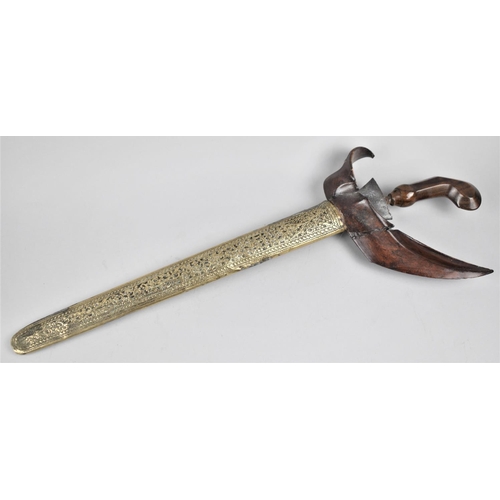 127 - A Far Eastern Kris with Brass Scabbard Engraved to One Side, Horn Handle, 51cm Long Overall