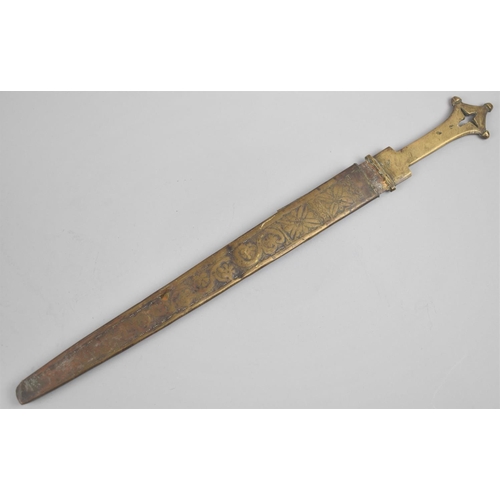 131 - A Brass Handled Ethiopian Short Sword with Brass Scabbard Having Engraved Decoration to One Side, 49... 