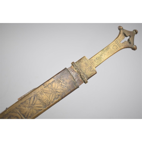 131 - A Brass Handled Ethiopian Short Sword with Brass Scabbard Having Engraved Decoration to One Side, 49... 