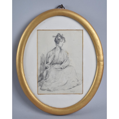 143 - An Oval Gilt Framed Pencil Drawing of a Seated Victorian Lady, 17x12cm, Signed Seago