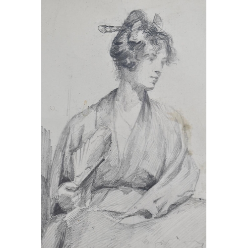 143 - An Oval Gilt Framed Pencil Drawing of a Seated Victorian Lady, 17x12cm, Signed Seago