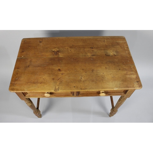 153 - A Late 19th Century Pitch Pine Two Drawer Side Table with Replacement Turned Wooden Handle, 86cm wid... 