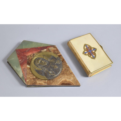 156 - A Wall Hanging Mixed Marble and Brass Icon Together with a Book of Common Prayer with Red and Blue E... 