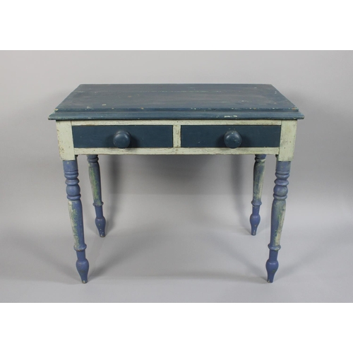 165 - A Painted Pine Side Table with Two Drawers on Turned Supports, 84cm wide