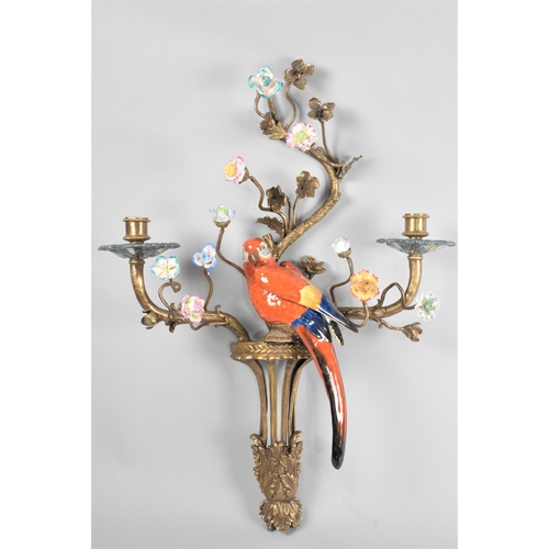 166 - A Bronze and Porcelain Two Branch Wall Hanging Candelabra in the form of Parrot Perched Amongst Blos... 