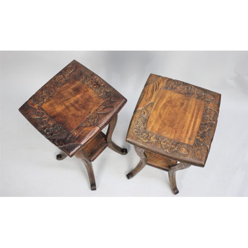 198 - A Pair of Carved Wooden Square Topped Occasional Tables, with Scrolled Feet and Stretcher Shelves, 2... 