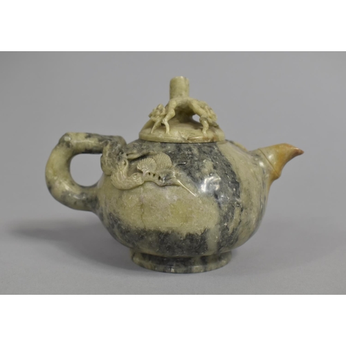 225 - A Chinese Carved Soapstone Teapot with Bamboo Stylised Handles, Spout and Finial, 10cm high