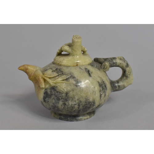 225 - A Chinese Carved Soapstone Teapot with Bamboo Stylised Handles, Spout and Finial, 10cm high