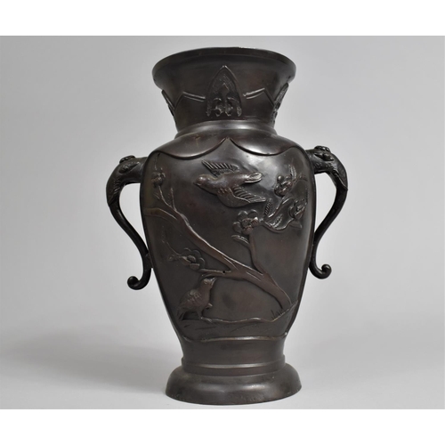 229 - A Japanese Bronze Vase with Flared Neck to Baluster Body Having Twin Elephant Head Stylised Handles ... 