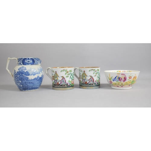 258 - Two 19th Century Pekin Pattern Transfer Printed Tankards Together with a Chinoiserie Bowl and a Blue... 