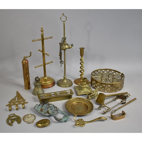 283 - A Collection of Brassware to Comprise Bedchamber Stick, Bell, Fire Irons etc