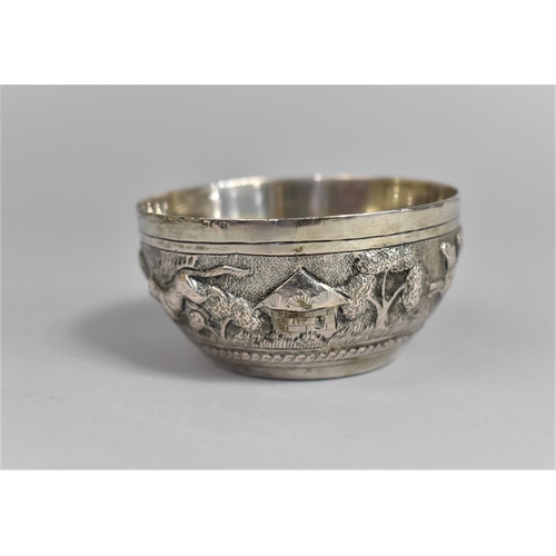 316 - A Small Indian White Metal Bowl Decorated in Relief with Native Animals in the Round with Centre Shi... 