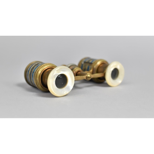 39 - A Pair of Small Ladies Opera Glasses in Brass with Blue Enamel Decoration with Mother of Pearl Eye P... 