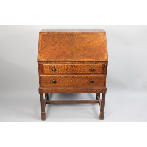 405 - A Mid 20th Century Oak Bureau the Fall Front with Inlaid Crossbanded Border to Fitted Interior, Two ... 