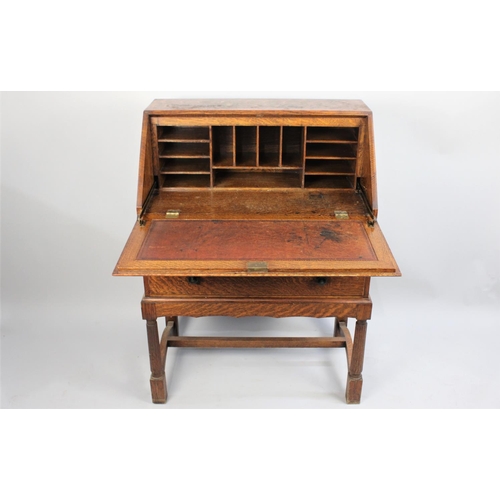 405 - A Mid 20th Century Oak Bureau the Fall Front with Inlaid Crossbanded Border to Fitted Interior, Two ... 