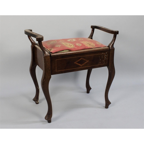 426 - An Edwardian String Inlaid Mahogany Piano Stool with Hinged Padded Lift Seat, 63cm wide