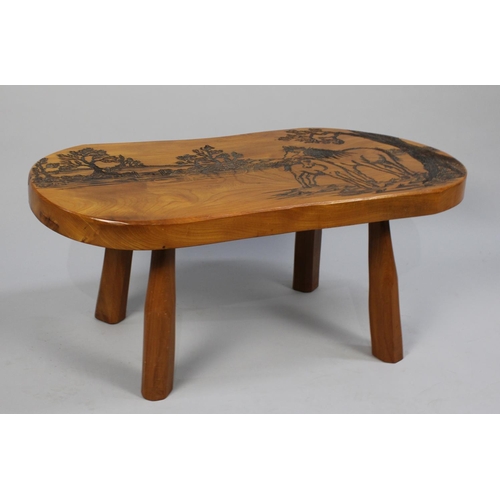 432 - A Mid 20th Century Oval Elm Top Coffee Table with Carved and Poker Work Decoration Depicting Horse a... 