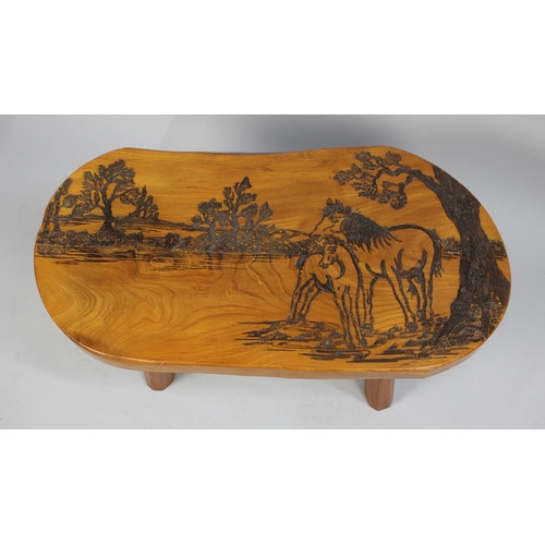 432 - A Mid 20th Century Oval Elm Top Coffee Table with Carved and Poker Work Decoration Depicting Horse a... 