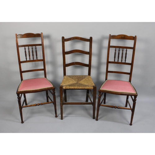 439 - A Rush Seated Ladderback Side Chair and Pair of Mahogany Framed Ladies Bedroom Chairs