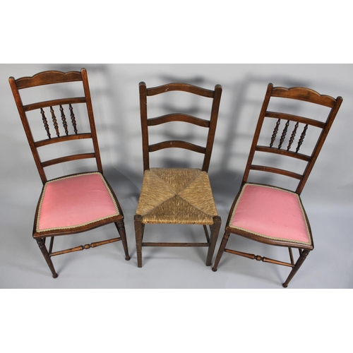 439 - A Rush Seated Ladderback Side Chair and Pair of Mahogany Framed Ladies Bedroom Chairs