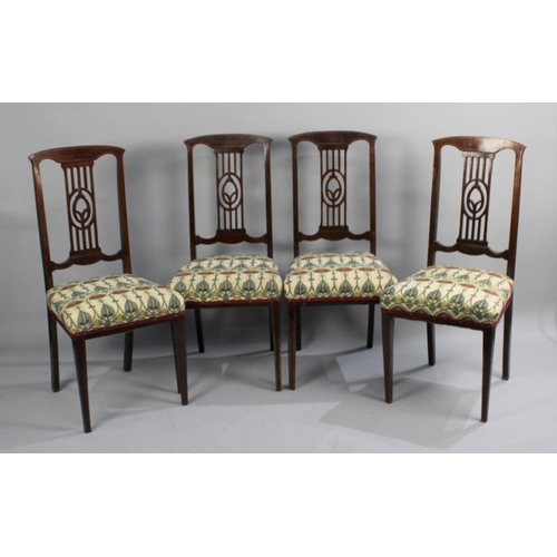 442 - A Set of Four Edwardian String Inlaid Mahogany Framed Salon Side Chairs