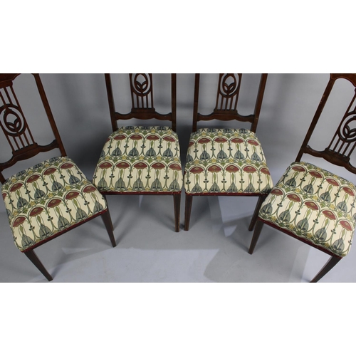 442 - A Set of Four Edwardian String Inlaid Mahogany Framed Salon Side Chairs