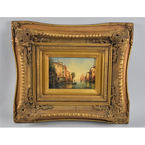 453 - A Reproduction Gilt Framed Oil Depicting Venice Canal with Gondola After Bouvard, 16.5x10cm