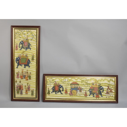 454 - A Pair of Framed Indian Paintings on Silk, Elephant Procession, Each 91x29cm