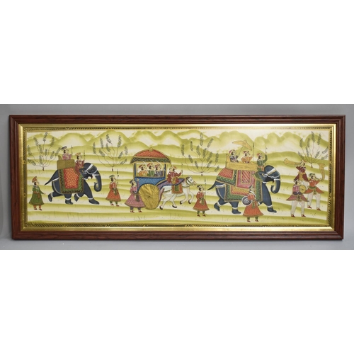 454 - A Pair of Framed Indian Paintings on Silk, Elephant Procession, Each 91x29cm