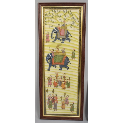 454 - A Pair of Framed Indian Paintings on Silk, Elephant Procession, Each 91x29cm