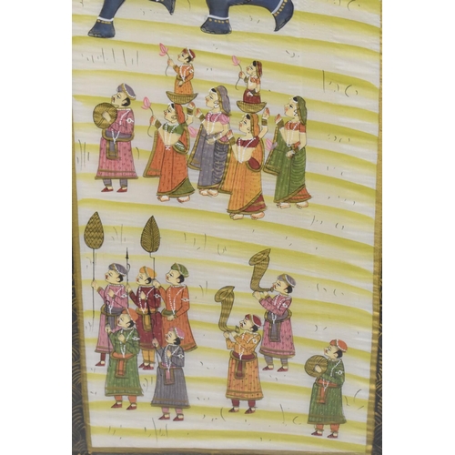 454 - A Pair of Framed Indian Paintings on Silk, Elephant Procession, Each 91x29cm